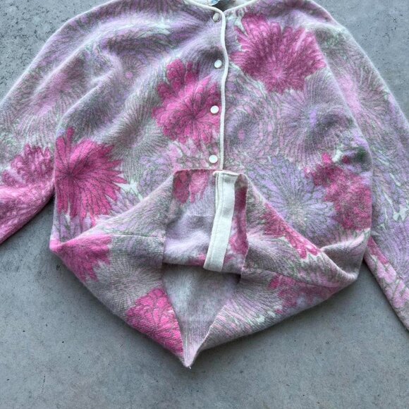 True Vintage 50s 60s Floral Cardigan Angora Rabbit Lambs Wool Women's XS-Small - Picture 5 of 8